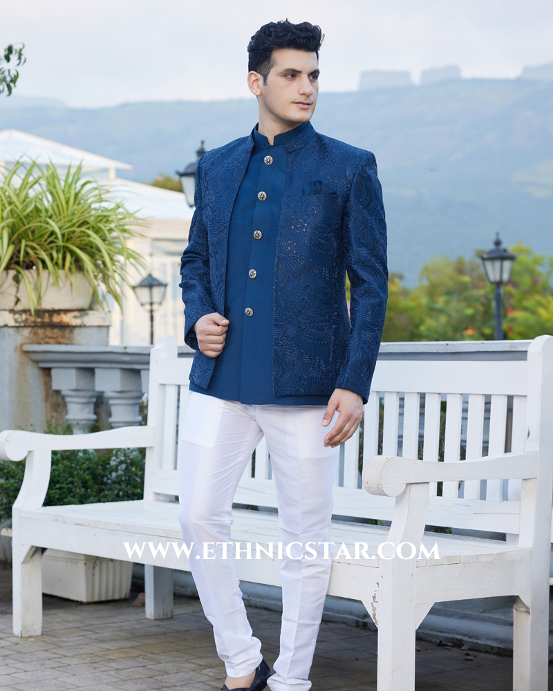 Designer Blue Embroidered Jodhpuri With Jacket